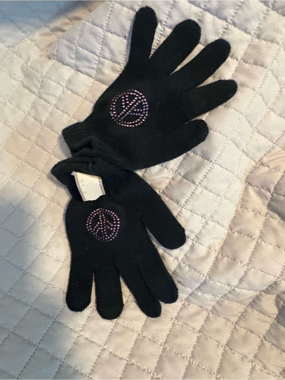 Kids Black Knit Mittens with Pink Rhinestone Peace Sign